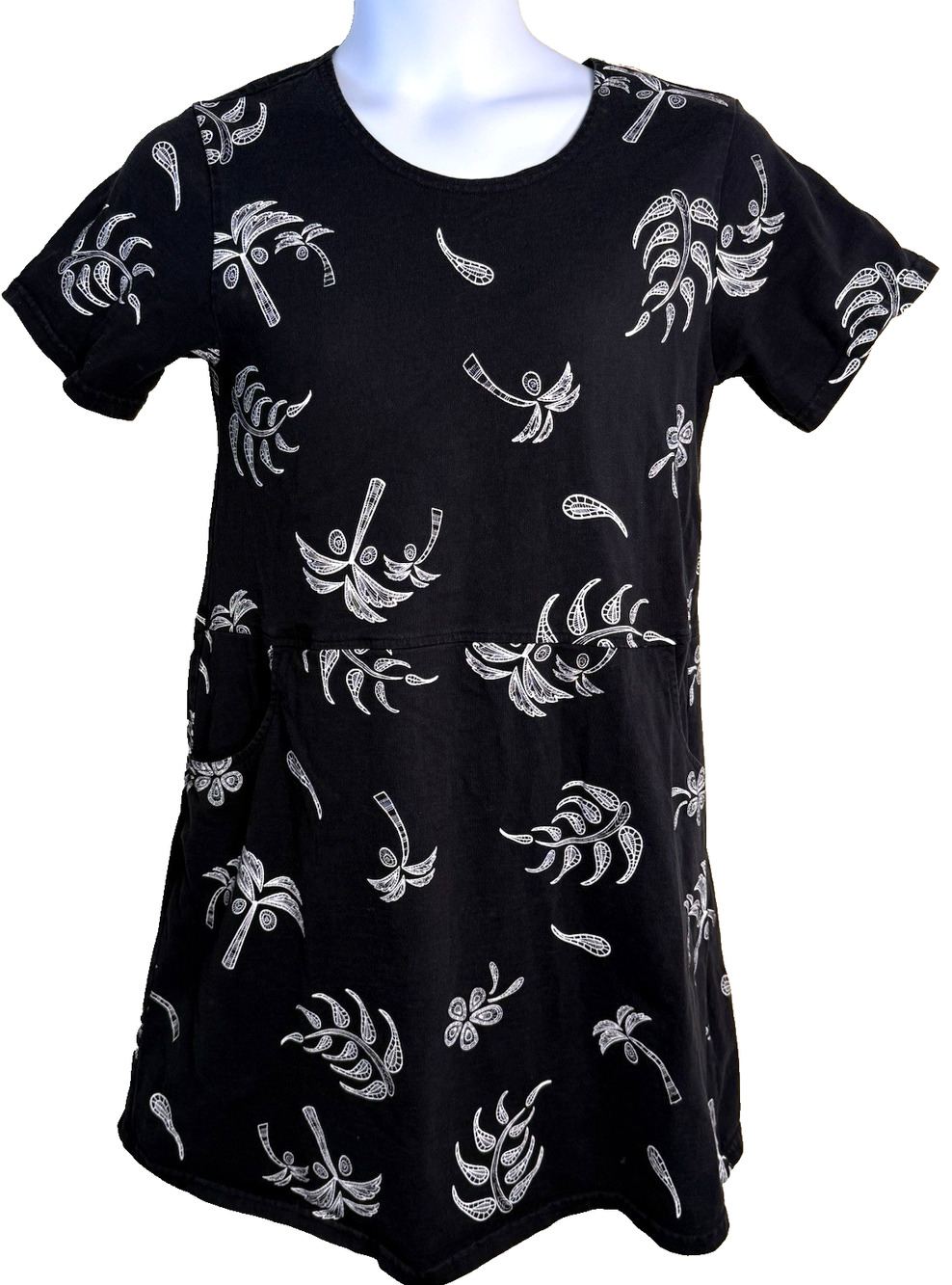 Vtg 90s Red Ginger Cotton Shift Dress dress Med black white palm trees Modest